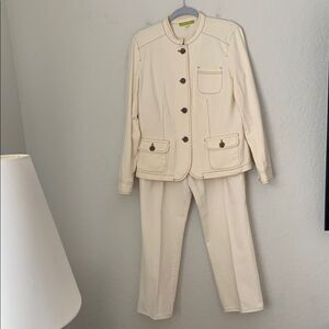 Sigrid Olsen Cotton Cream Two-Piece Suit Jacket Pants Embroidered Size L/14